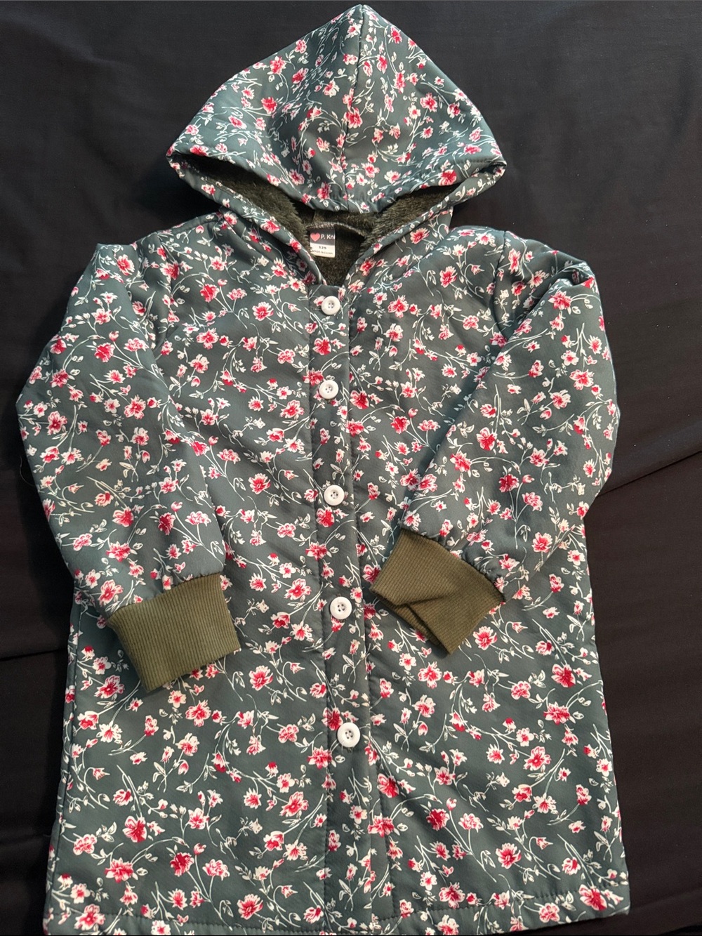 Floral Hooded Quilted Coat - Green with Pink Flowers